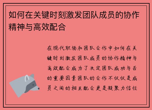 如何在关键时刻激发团队成员的协作精神与高效配合